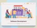 Software development web concept for landing page in flat design. Man and woman brainstorming and creating program code, tech Royalty Free Stock Photo