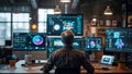 Software engineer analyzing code and data on multiple computer screens in modern office Royalty Free Stock Photo