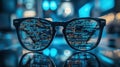 software engineer, In a captivating blue-lit setting, a software engineer\'s glasses showcase vibrant code, emphasizing