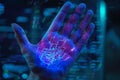 Software engineer hand touching futuristic digital circuit board