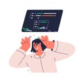 Software engineer makes bug, concept. Coder search problem, upset programmer work with error, screen with broken code Royalty Free Stock Photo