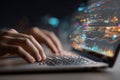 Software engineer programming on laptop with code and charts overlay Royalty Free Stock Photo