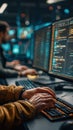 Software engineer types code on keyboard in modern workspace, focused on programming tasks Royalty Free Stock Photo