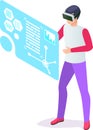Software engineer using vr goggles interacting with data analysis displayed on a futuristic transparent screen
