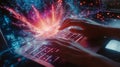 Software engineer working on cutting-edge AI with futuristic holographic display