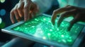 Software engineer working with futuristic digital tablet and exploring data network connections