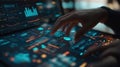 Software engineer working with futuristic interactive touchscreen interface displaying manufacturing data visualizations Royalty Free Stock Photo