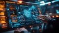 Software engineer working on futuristic transparent computer display showing code and data flow Royalty Free Stock Photo