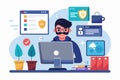 Software engineer works on online information security projects at a desk surrounded by coding and cybersecurity elements in a Royalty Free Stock Photo