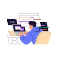 Software engineer writing code on computer. Coder programming database. Programmer typing script, solves problems in
