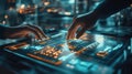 Software engineers developing futuristic interface on transparent touchscreen display Royalty Free Stock Photo