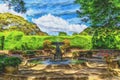 Software generated painting of fountain and hedge