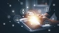 Software Internet data storage backup, Businessman using a computer to backup storage data Internet technology for backup online d Royalty Free Stock Photo