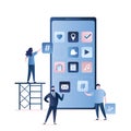Software or mobile app development- programmers and business people with buttons and signs