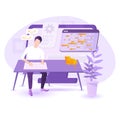 Software programmer typing code or debugging. Sitting at the desk, working on multiple displays. Top view flat vector Royalty Free Stock Photo