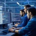 A team of systems engineers are looking at databases in terminal windows, on server interfaces. Royalty Free Stock Photo