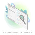 Software Quality Assurance SQA isometric vector icon. Software inspection and analysis with bug fixing. Programmer code window