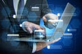 Software system technologies and research concept with digital node buttons on blurry background. Close up of businessmen hands