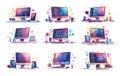 Software testing cartoon vector concepts. Screen tablet monitor plant desk lamp pc wires desktop, qa code check Royalty Free Stock Photo
