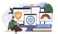 Software testing concept. Man with tablet near computer with programs. Programmers and IT specialists fix errors in code. Coding Royalty Free Stock Photo