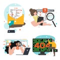 Software testing scene set, vector illustration. People creating computer programs, searching, finding bugs and errors.