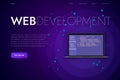 Software and web development landing page template. reslistic laptop with programming code, web app and desktop app