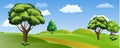 Vector illustration of beautiful summer fields landscape with a dawn, green hills Royalty Free Stock Photo