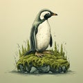 Soggy Penguin: A Hyper-detailed Illustration Of A Penguin In A Realistic Landscape
