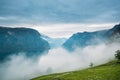 Sogn And Fjordane Fjord, Norway. Amazing Fjord Sogn Og Fjordane In Fog Clouds. Summer Scenic View Of Famous Natural Royalty Free Stock Photo