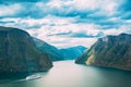 Sogn And Fjordane Fjord, Norway. Tourist Ship Ferry Boat Liner Floating In Amazing Fjord Sogn Og Fjordane. Summer Scenic Royalty Free Stock Photo