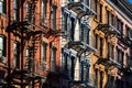 Soho building facades and painted fire escapes, Manhattan, New York City