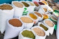 Soia Beans, Beans, Legumes, Spices in Whit Bags in Arabic Market