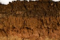 Soil cut-sandstone, stones, clay, sand structure and layers. slice of sand with layers of different structures. Layers of