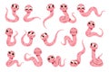 Soil earthworms. Funny garden animals characters, wildlife creatures, different shapes, cute insect characters in