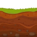 Soil, ground with layers, grass roots and stones, earth sections in cartoon style isolated on white background.