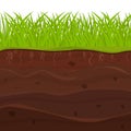 Soil, ground with layers, grass roots and stones, earth sections in cartoon style isolated on white background.