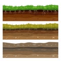 Soil ground layers. Seamless campo ground dirt clay surface texture with stones and grass. Vector