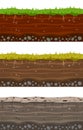 Soil ground layers. Seamless ground, earth drying process. Dirt clay surface texture with stones and grass. Vector set