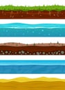 Soil layers. Game ground surfaces with land grass, dried desert sand, water and ice. Landscape levels seamless vector Royalty Free Stock Photo