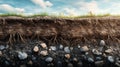 Soil layers showcase a cross-section of roots, rocks, and green grass under a clear sky Royalty Free Stock Photo