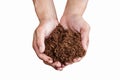 Soil paet moss on hand isolated white Royalty Free Stock Photo