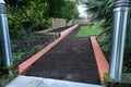 Soil prepared for new turf to be laid during a garden landscaping project, along the side of new brick edging