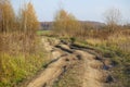 Soil road with muddy tracks in countryside Royalty Free Stock Photo