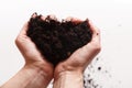 Soil in woman arms against white background close-up. Two hands holding a handful of ground soil. World soil day concept Royalty Free Stock Photo