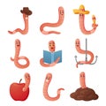 Soil worm. Cartoon earthworm mascot with funny faces. Happy and curious insect in various poses. Pink creatures crawling Royalty Free Stock Photo