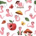 Soil worm characters seamless pattern. Funny earthworms with apple, mushroom and umbrella, garden creatures, farm Royalty Free Stock Photo