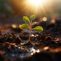 Soils nurturing embrace, close-up reveals a young plants journey towards sunlight