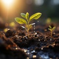 Soils nurturing embrace, close-up reveals a young plants journey towards sunlight