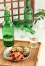 Soju Bottle and Korean Anju Side Dish Menu