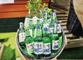 Soju display on basket shelf in store, Korean alcoholic drinks, Korean liquor in an Asian supermarket Royalty Free Stock Photo